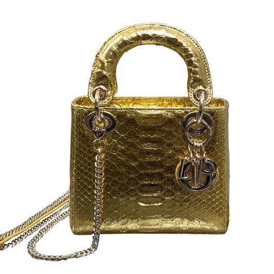 Christian Dior Lady Dior Chain Bag Python Mini 17cm Gold Handbag